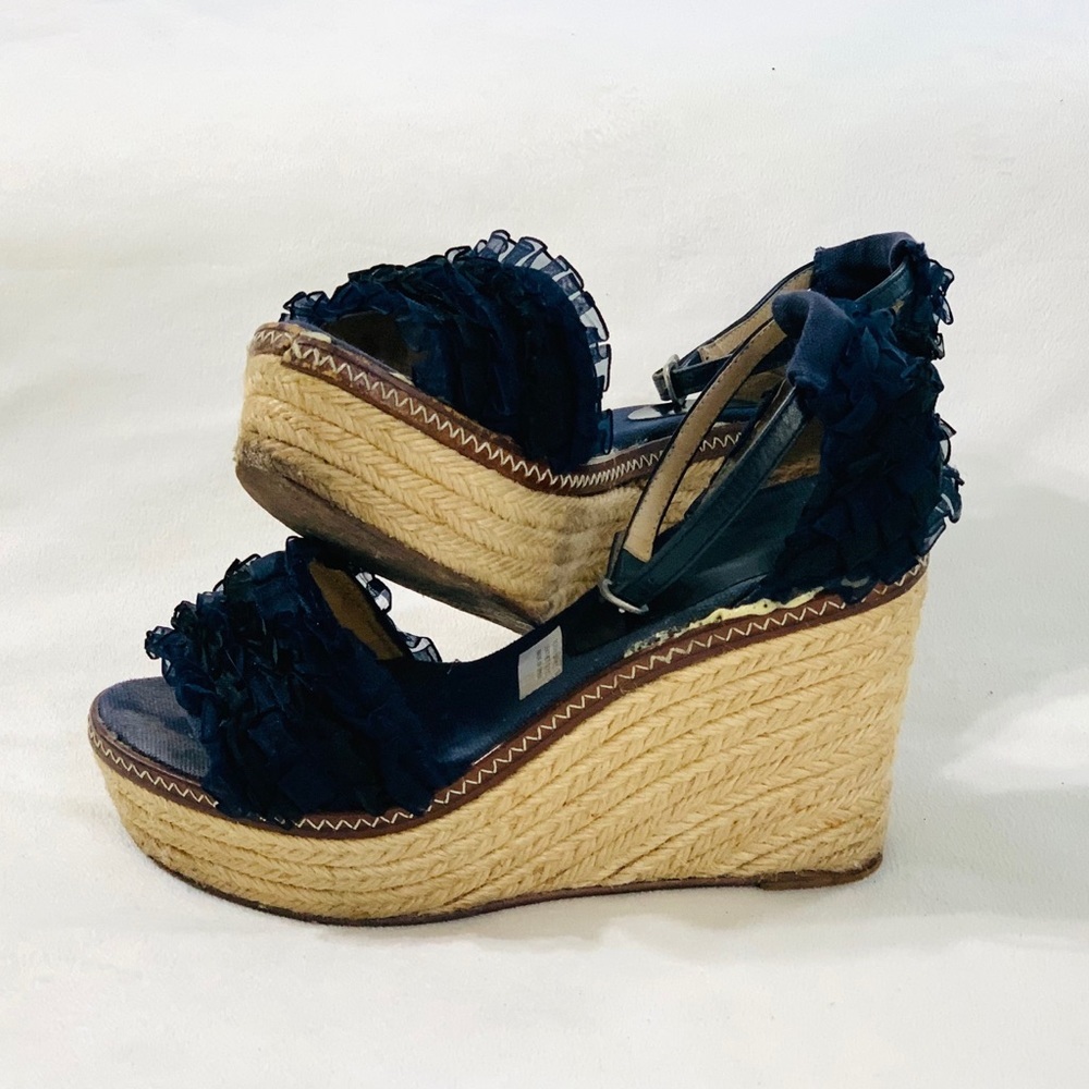 Bettye Muller Ruffled Navy/Black Wedge Sandals Espadrilles Ankle Strap​